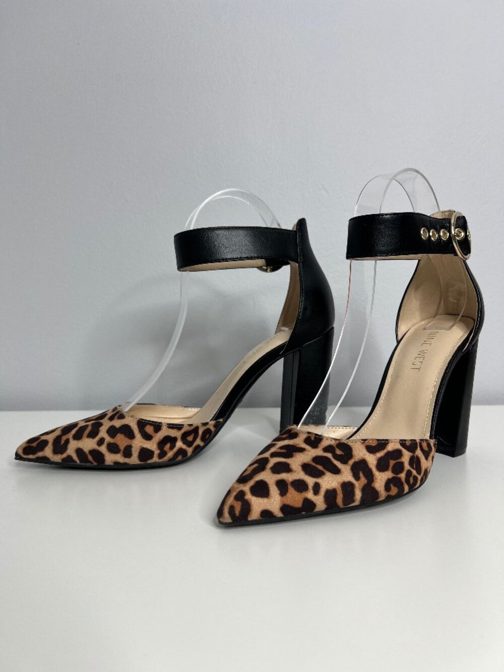 Nine West Leopard Print Pointed Toe Block Heels with Ankle Strap - Size 7.5